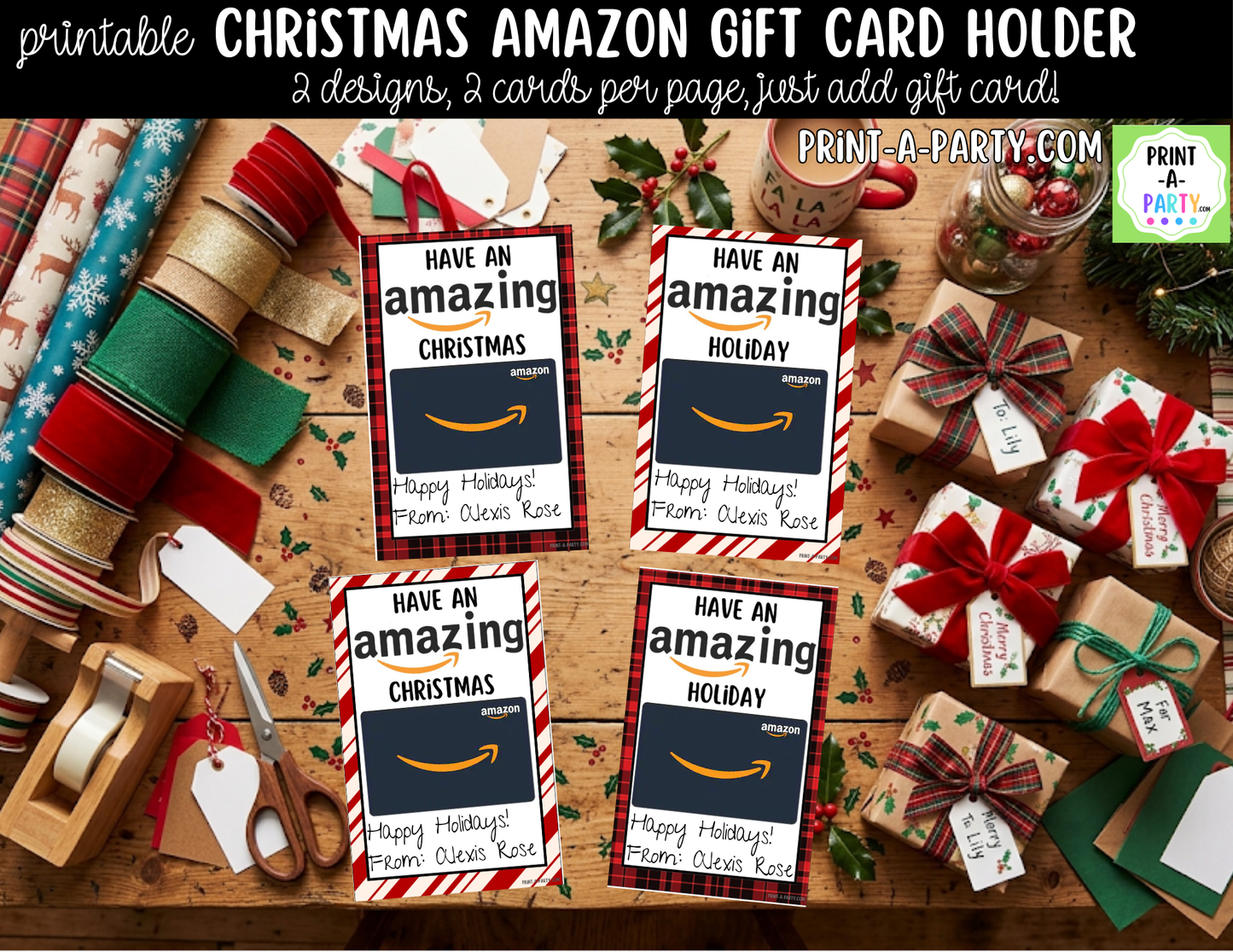 Printable Christmas Amazon Gift Card Holder - Holiday Gift Card Sleeve Templates for Teachers and Gifts