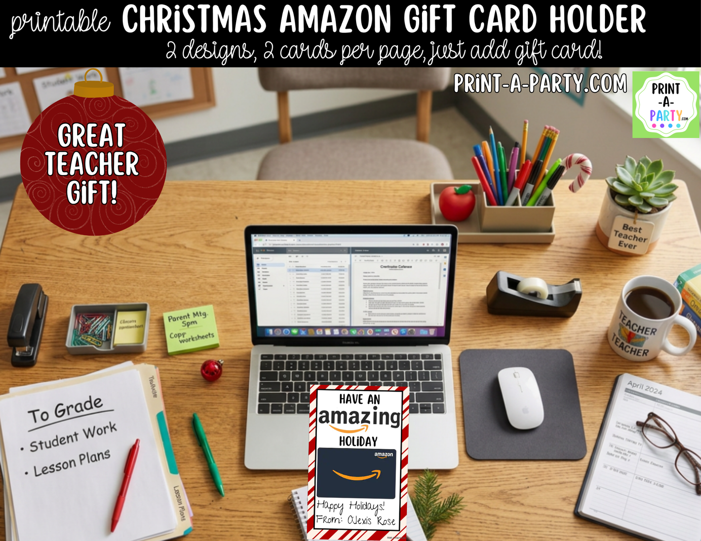 Printable Christmas Amazon Gift Card Holder - Holiday Gift Card Sleeve Templates for Teachers and Gifts
