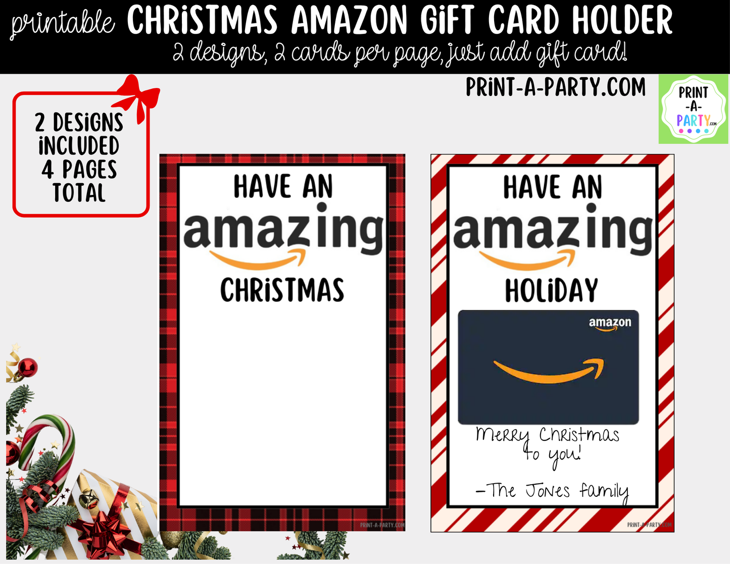 Printable Christmas Amazon Gift Card Holder - Holiday Gift Card Sleeve Templates for Teachers and Gifts
