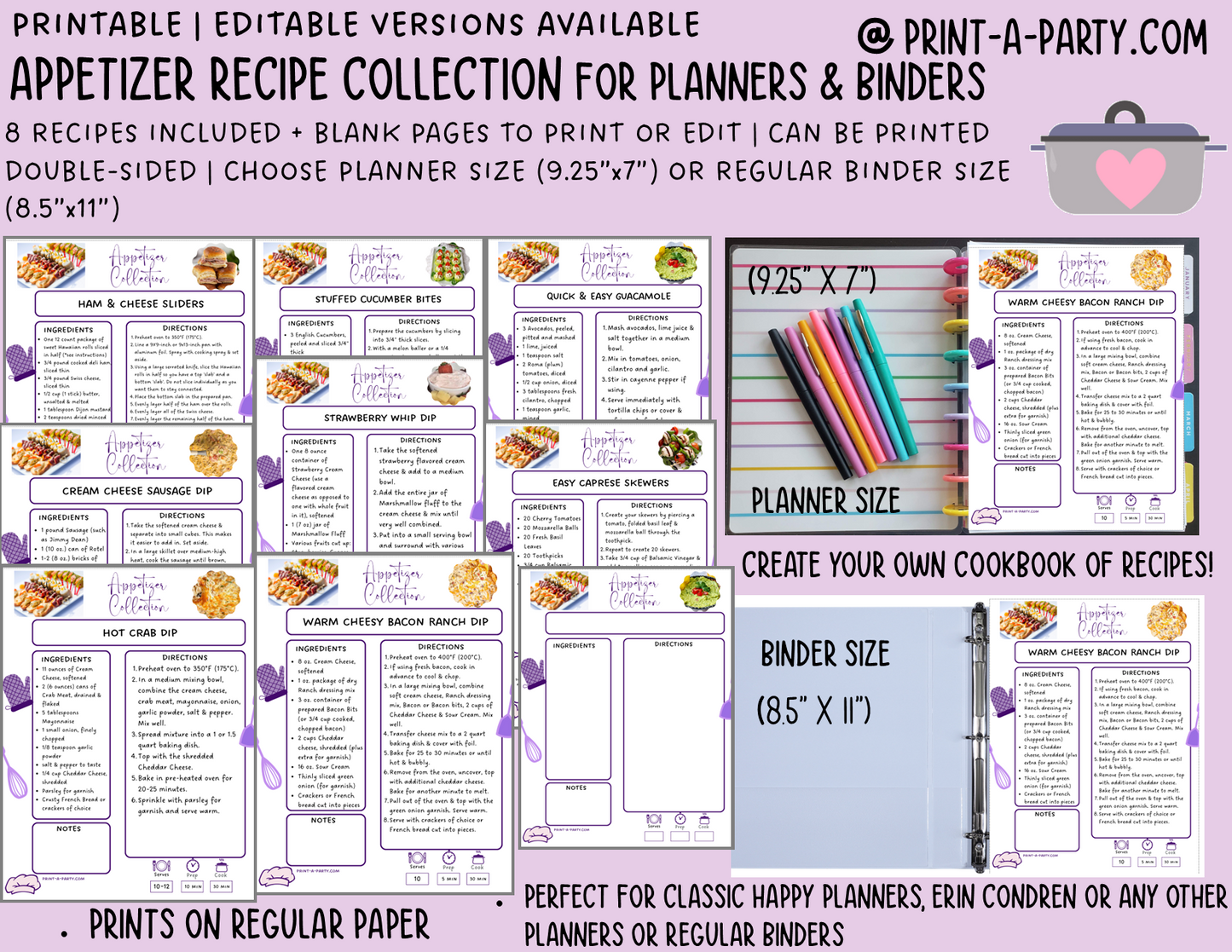 DIY Cookbook | APPETIZER Recipe Collection | PRINTABLE OR EDITABLE | Planner and Binder Size | Meal Plan | Planner Recipes | Binder Recipes