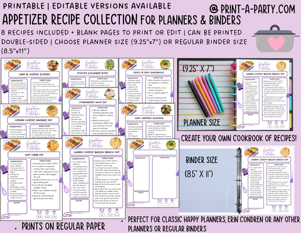 DIY Cookbook | APPETIZER Recipe Collection | Printable or Editable | Planner and Binder Size | Meal Plan | Planner Recipes | Binder Recipes