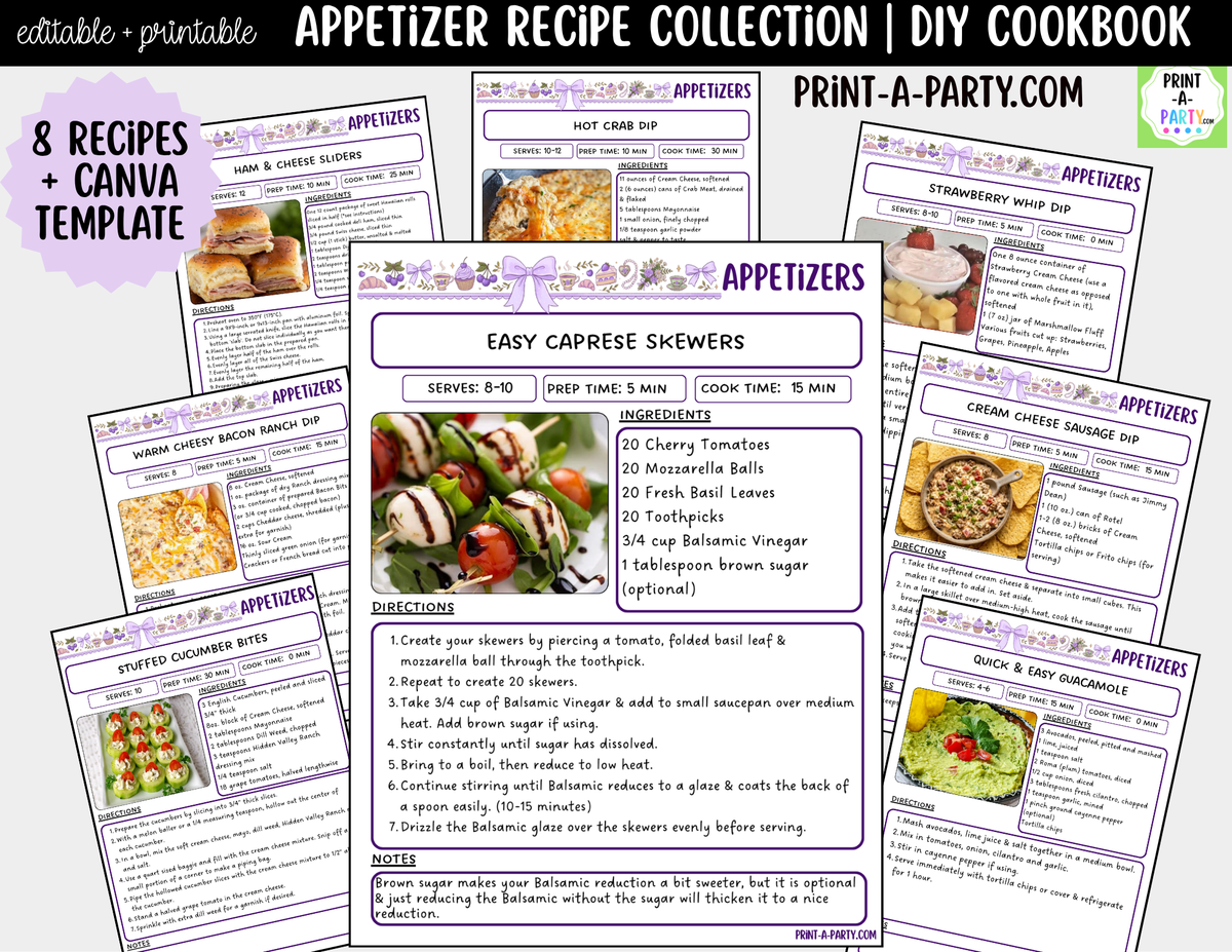 Appetizer Recipe Pages Printable & Editable Cookbook Set