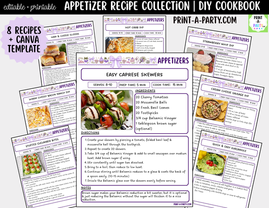 Appetizer Recipe Pages Printable & Editable Cookbook Set