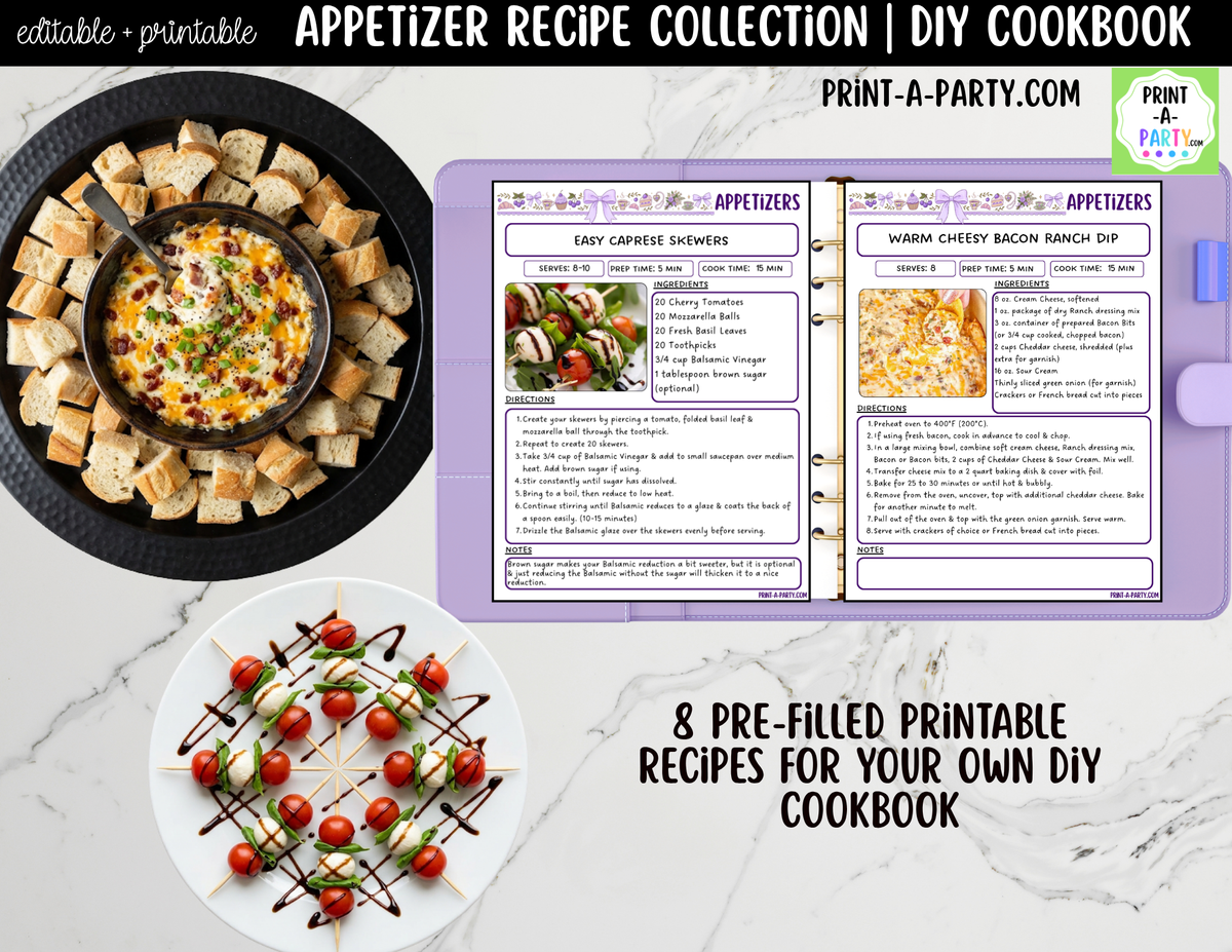 Appetizer Recipe Pages Printable & Editable Cookbook Set