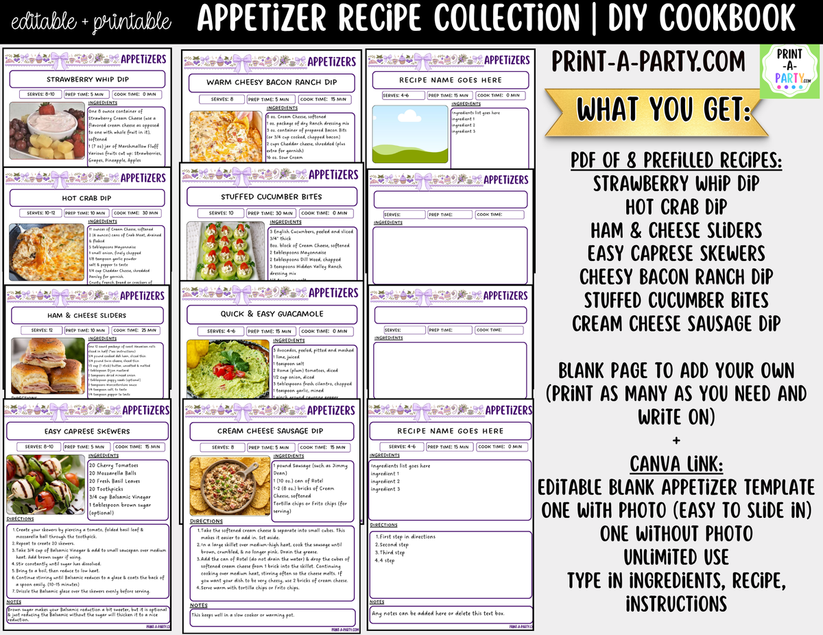 Appetizer Recipe Pages Printable & Editable Cookbook Set