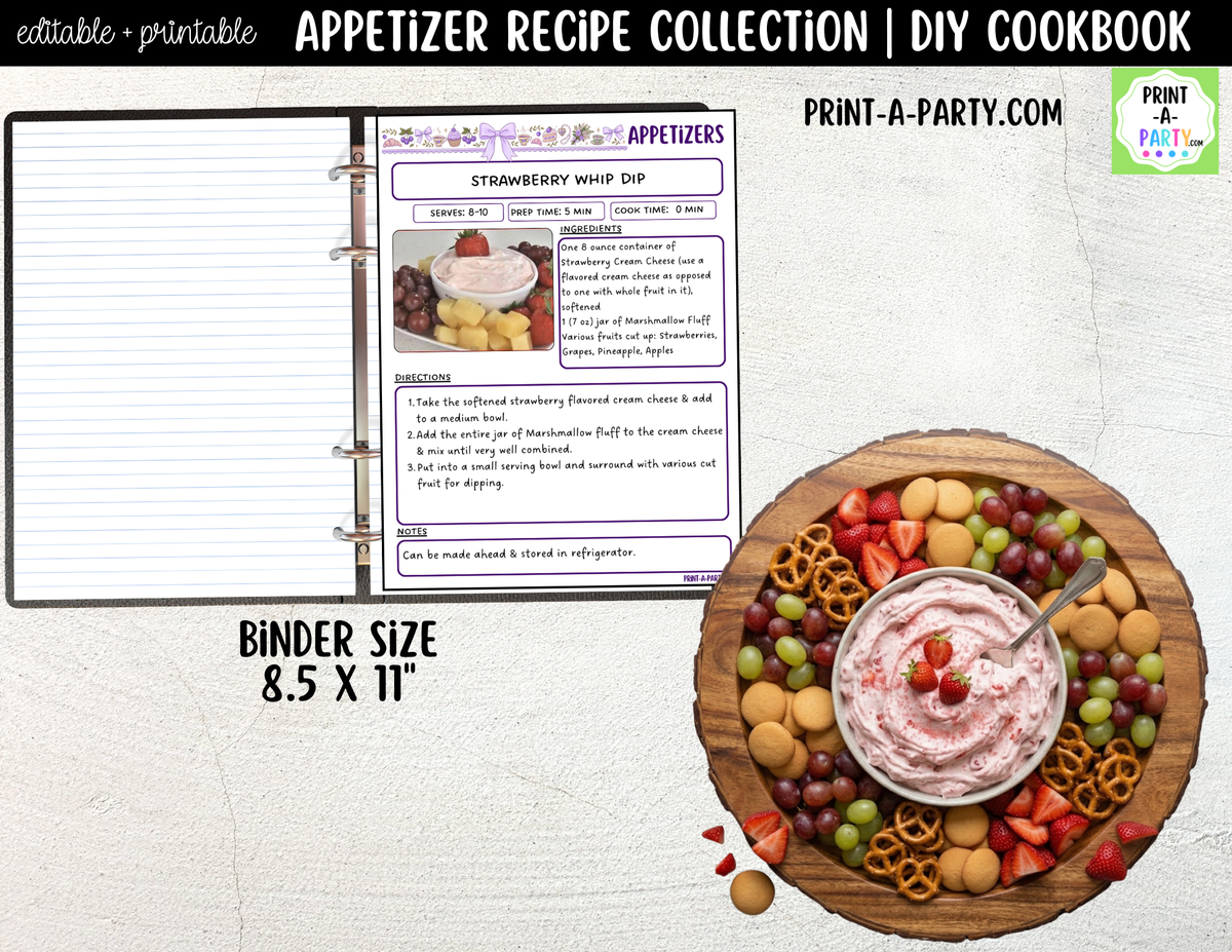 Appetizer Recipe Pages Printable & Editable Cookbook Set