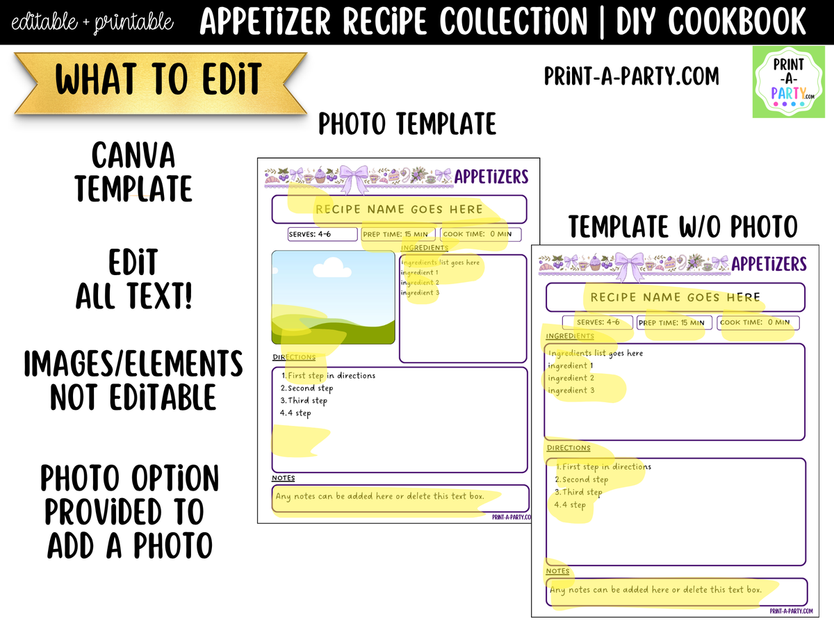 Appetizer Recipe Pages Printable & Editable Cookbook Set