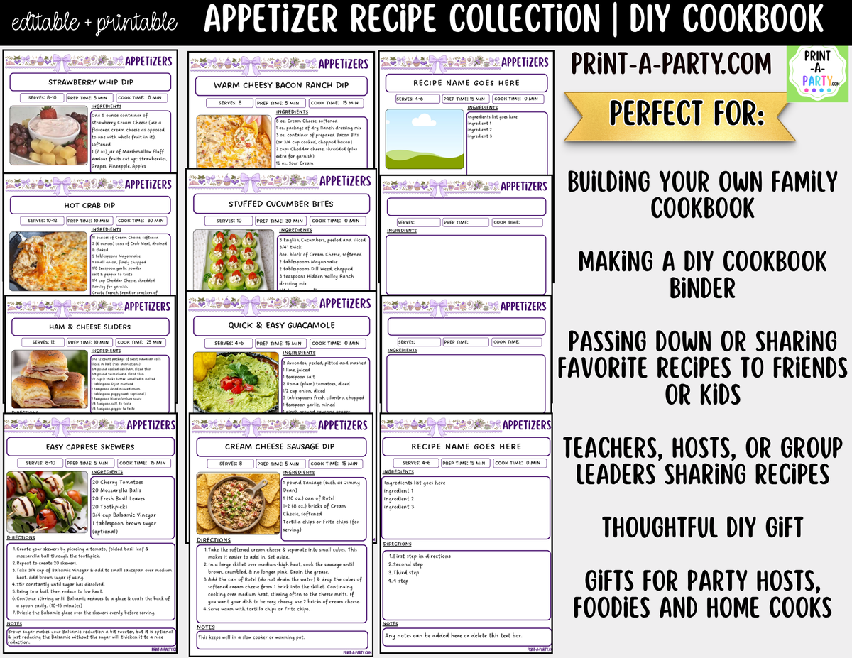 Appetizer Recipe Pages Printable & Editable Cookbook Set