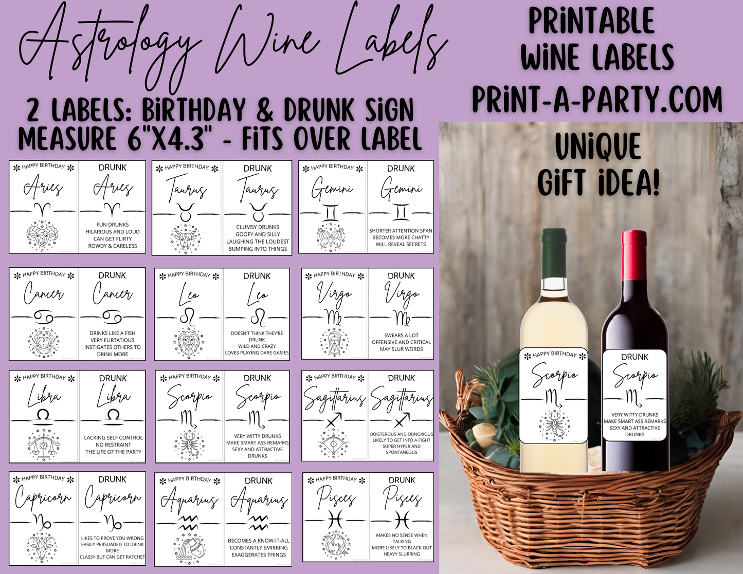 WINE LABELS: Astrology Zodiac Wine | Drunk Astrology Zodiac Signs | Astrology Wine | Zodiac Wine | Aries Taurus Gemini Cancer Leo Virgo Libra Scorpio Sagittarius Capricorn Aquarius Pisces | INSTANT DOWNLOAD