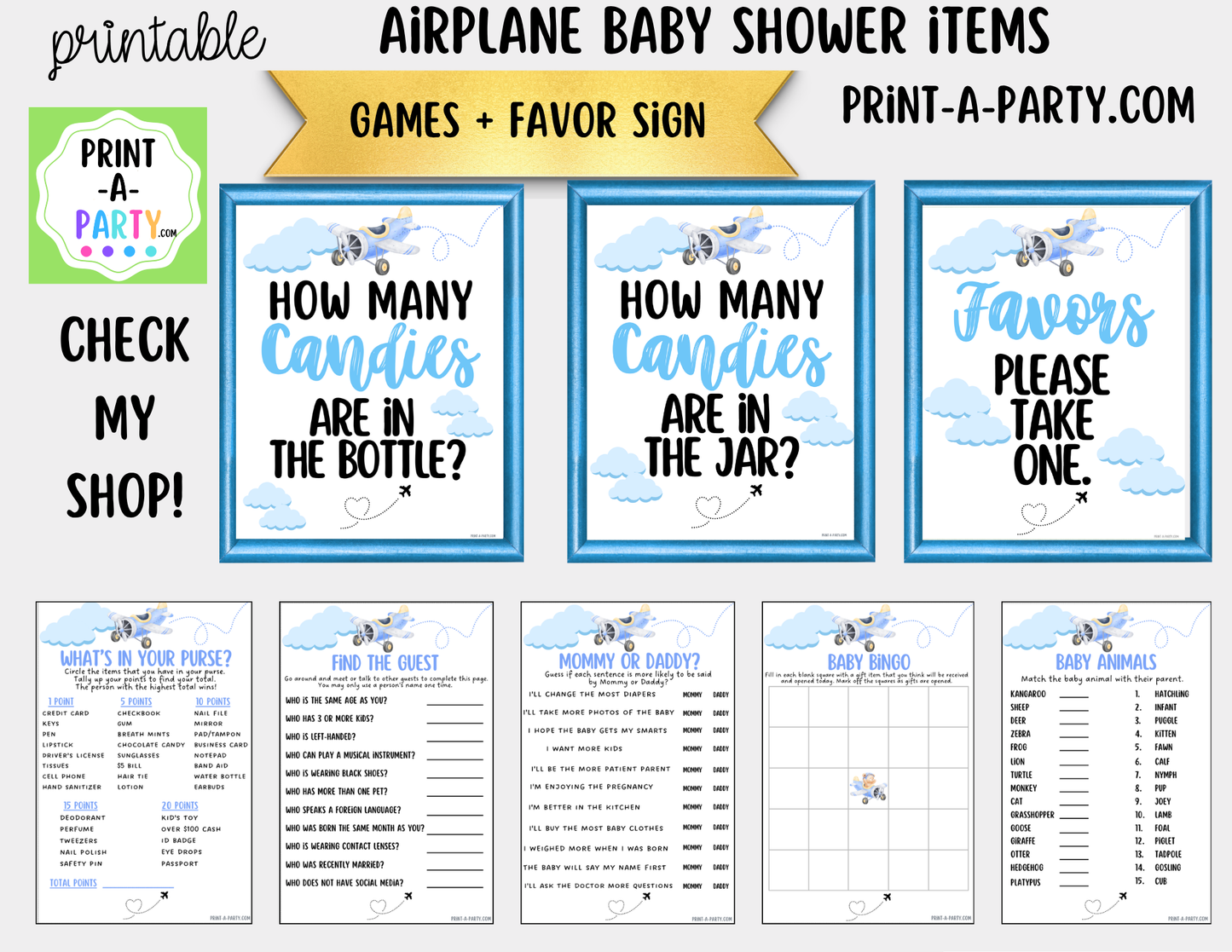 Airplane Aviation Baby Shower Candy Baby Bottle Guessing Game Printable Sign (8x10) & Cards for Airplane-themed Baby Events