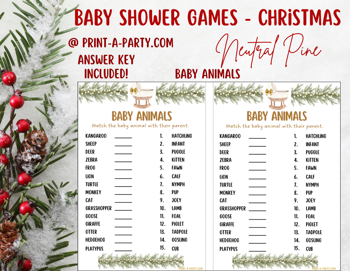 GAME BUNDLE for Christmas Baby Shower - Neutral Pine with Lights | Christmas Baby Shower Theme | Christmas Baby Shower Ideas | INSTANT DOWNLOAD