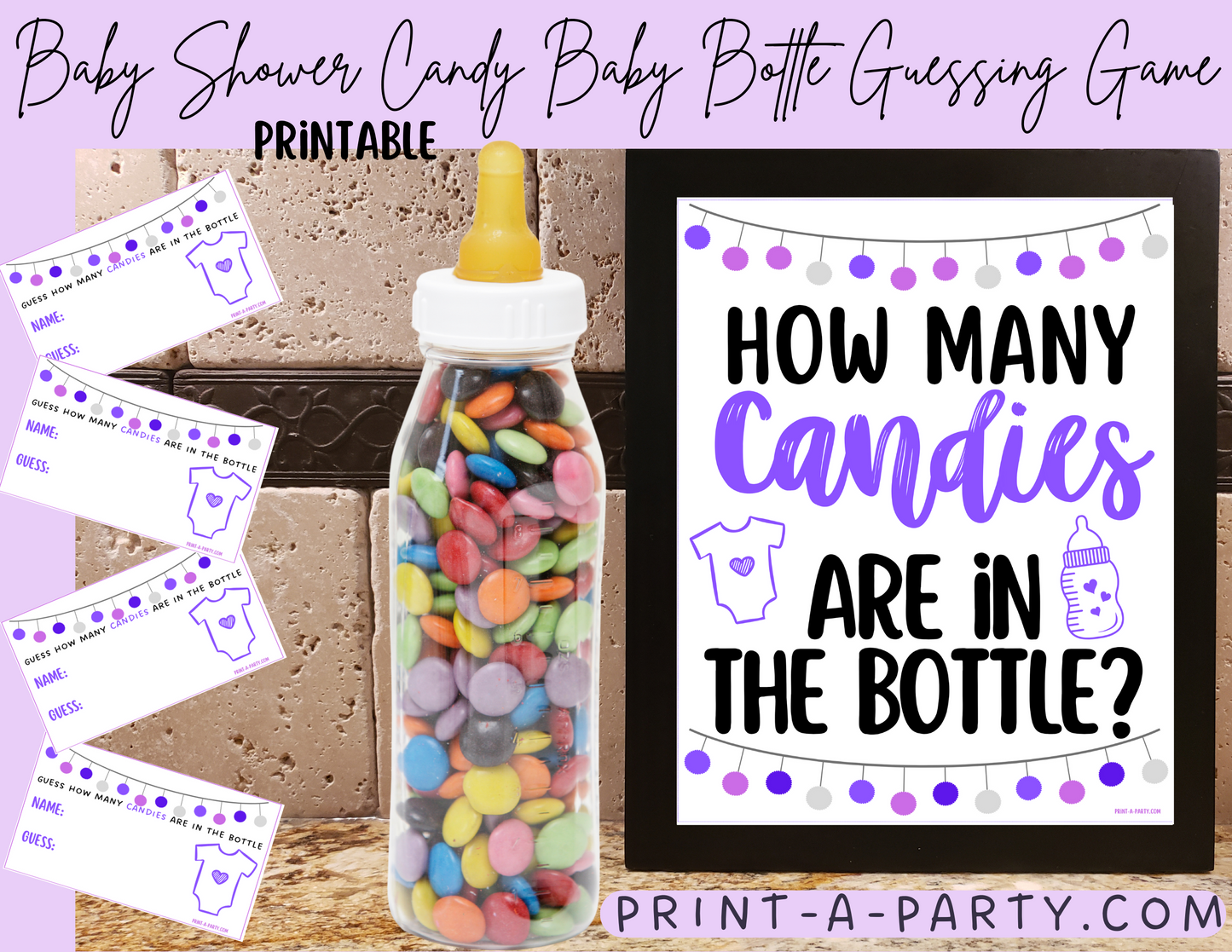 CANDY BABY BOTTLE GUESSING GAME for BABY SHOWER | How many candies in baby bottle | Baby Shower Fun | Party DIY | Printable