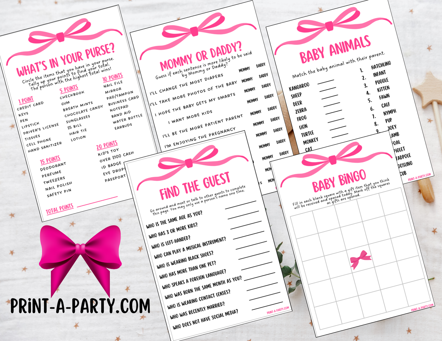 GAMES for Baby Shower | Pink Bow Coquette 2 Shower Theme | Coquette Baby Shower Games | Chic Coquette Aesthetic - Pink Bows