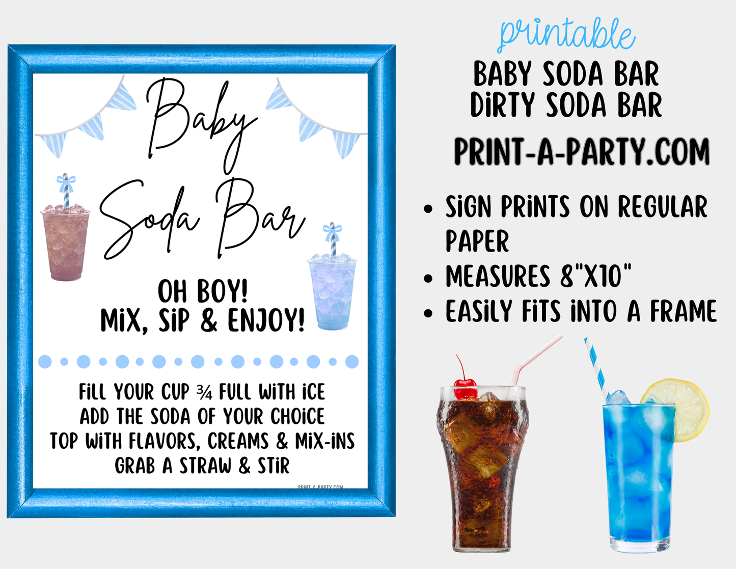 Baby Boy Soda Bar Kit - Printable Sign (8x10), Recipe Tent Cards (12 recipes!) + Shopping List for Baby Showers, Adoption parties or any baby event!