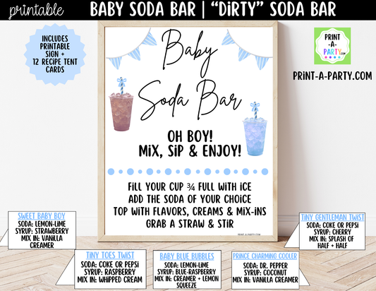 Baby Boy Soda Bar Kit - Printable Sign (8x10), Recipe Tent Cards (12 recipes!) + Shopping List for Baby Showers, Adoption parties or any baby event!
