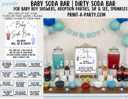 SODA BAR - Printable Baby Boy Soda Bar Kit - Sign & Recipe Tent Cards (12 recipes!) for Baby Showers, Adoption parties or any baby event!