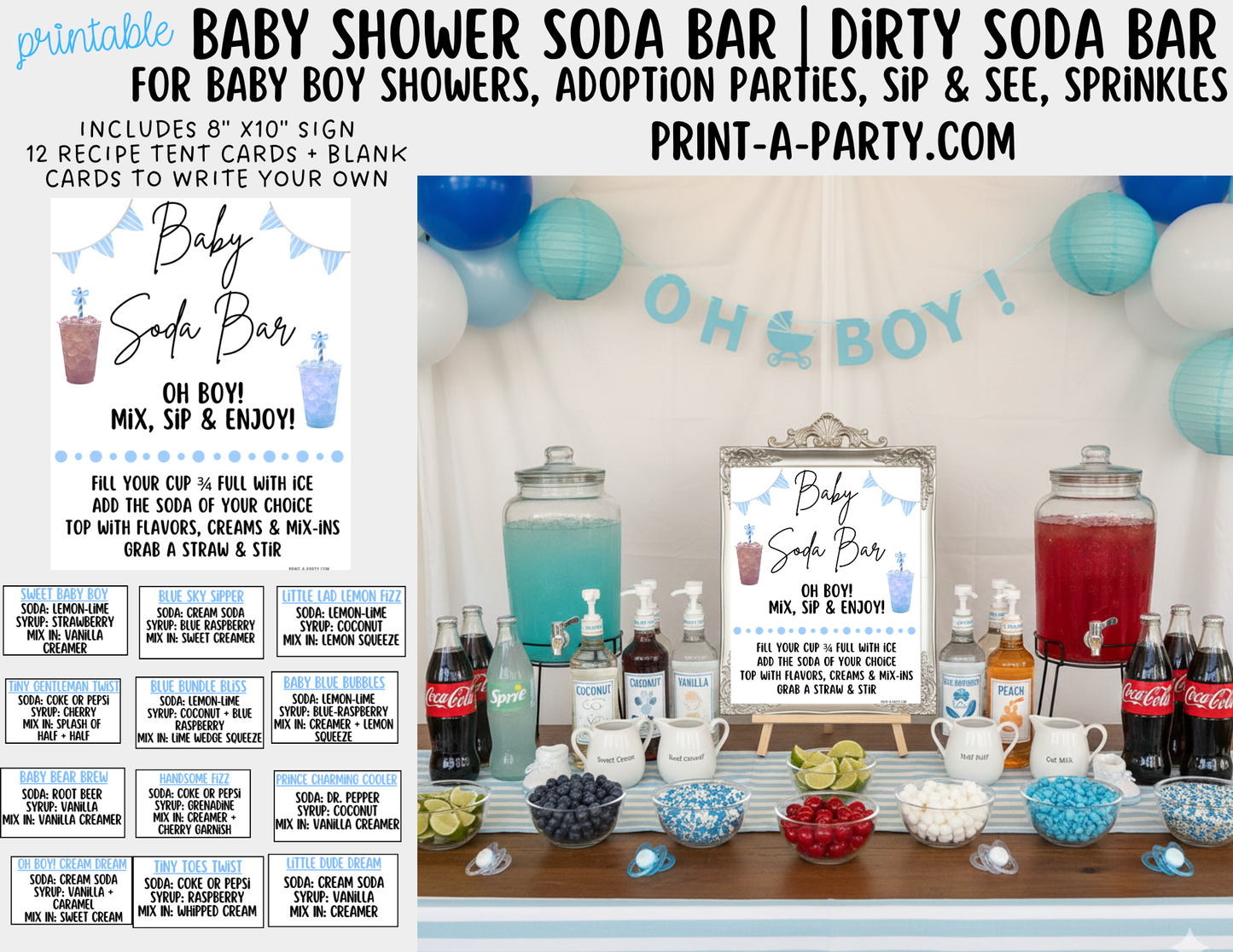 SODA BAR - Printable Baby Boy Soda Bar Kit - Sign & Recipe Tent Cards (12 recipes!) for Baby Showers, Adoption parties or any baby event!