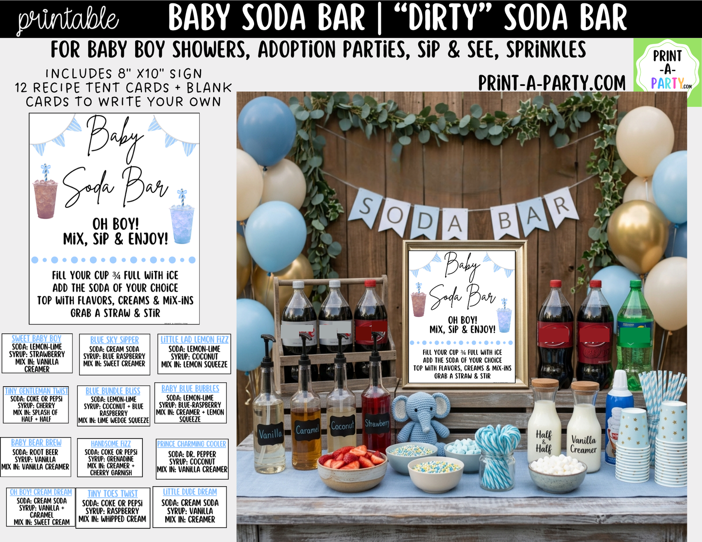Baby Boy Soda Bar Kit - Printable Sign (8x10), Recipe Tent Cards (12 recipes!) + Shopping List for Baby Showers, Adoption parties or any baby event!