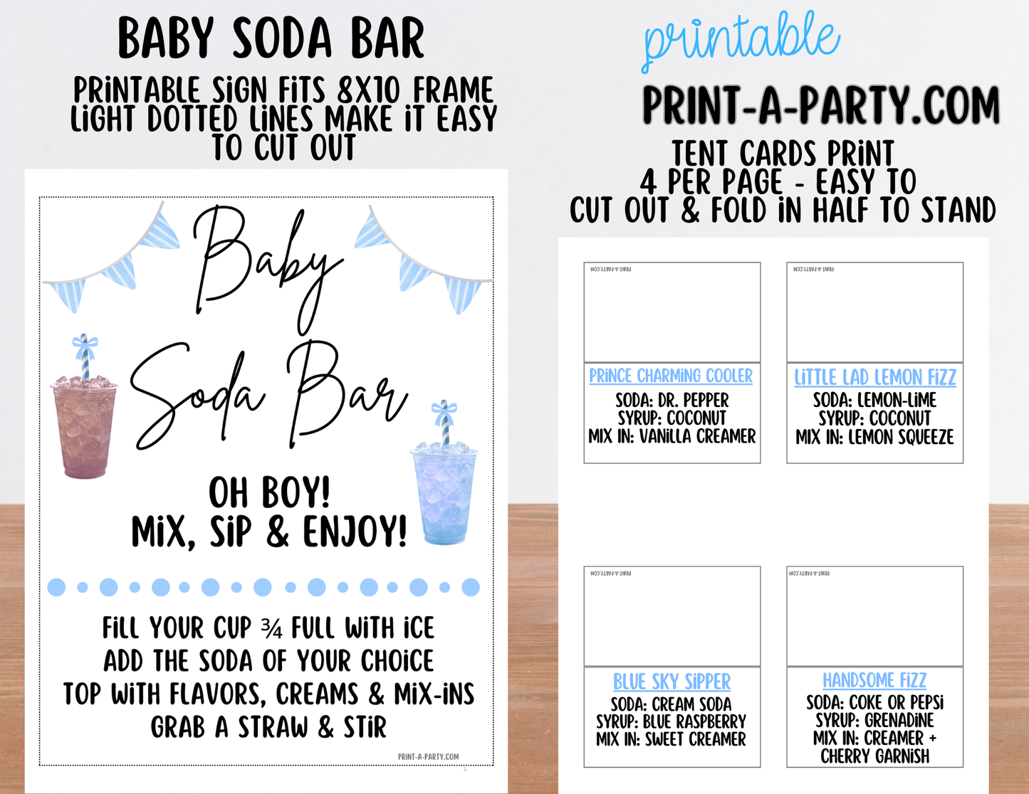 SODA BAR - Printable Baby Boy Soda Bar Kit - Sign & Recipe Tent Cards (12 recipes!) for Baby Showers, Adoption parties or any baby event!