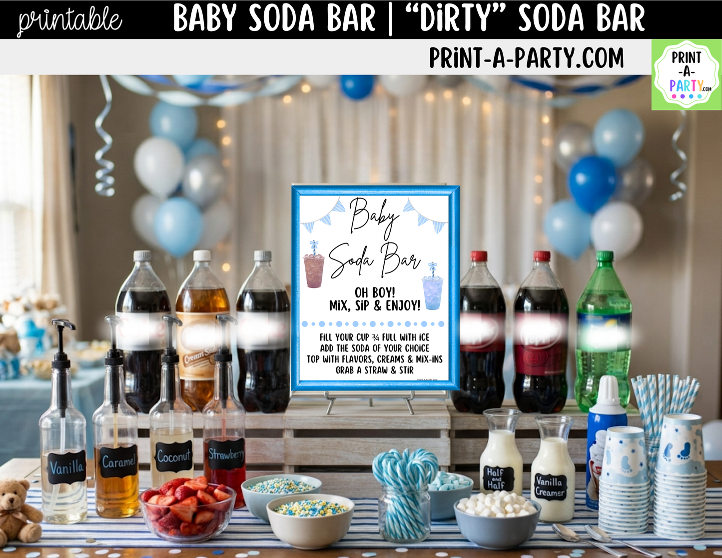Baby Boy Soda Bar Kit - Printable Sign (8x10), Recipe Tent Cards (12 recipes!) + Shopping List for Baby Showers, Adoption parties or any baby event!