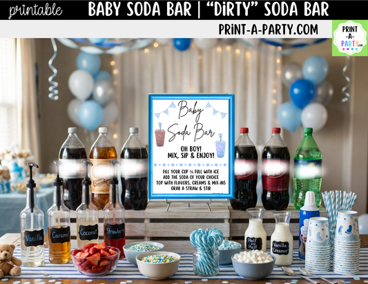 Baby Boy Soda Bar Kit - Printable Sign (8x10), Recipe Tent Cards (12 recipes!) + Shopping List for Baby Showers, Adoption parties or any baby event!
