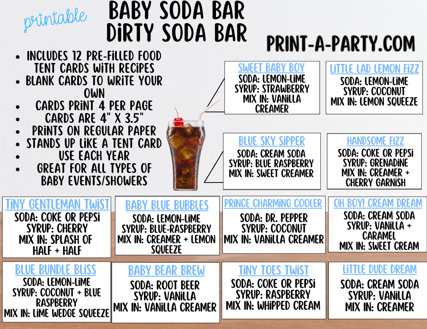 SODA BAR - Printable Baby Boy Soda Bar Kit - Sign & Recipe Tent Cards (12 recipes!) for Baby Showers, Adoption parties or any baby event!