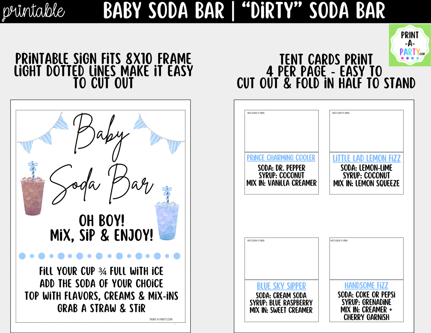 Baby Boy Soda Bar Kit - Printable Sign (8x10), Recipe Tent Cards (12 recipes!) + Shopping List for Baby Showers, Adoption parties or any baby event!
