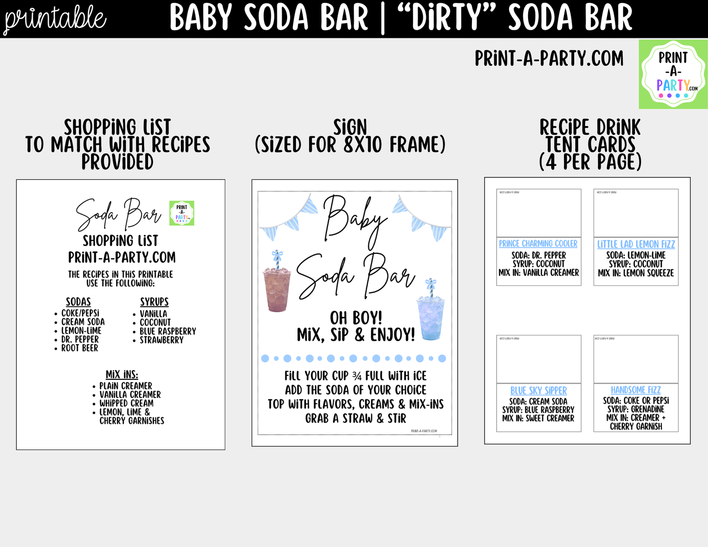 Baby Boy Soda Bar Kit - Printable Sign (8x10), Recipe Tent Cards (12 recipes!) + Shopping List for Baby Showers, Adoption parties or any baby event!