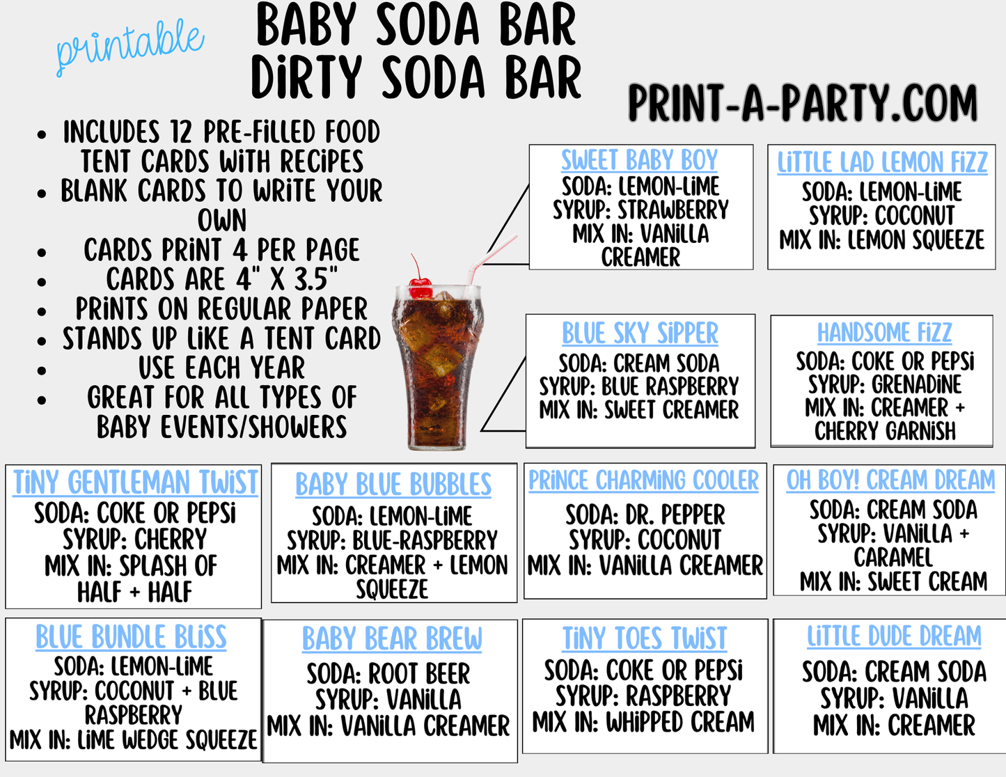 Baby Boy Soda Bar Kit - Printable Sign (8x10), Recipe Tent Cards (12 recipes!) + Shopping List for Baby Showers, Adoption parties or any baby event!