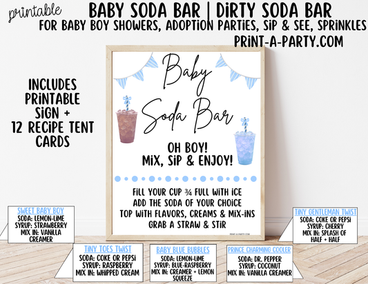 SODA BAR - Printable Baby Boy Soda Bar Kit - Sign & Recipe Tent Cards (12 recipes!) for Baby Showers, Adoption parties or any baby event!