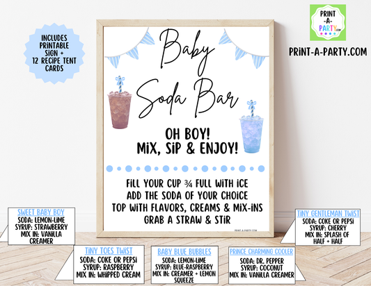 SODA BAR - Printable Baby Boy Soda Bar Kit - Sign & Recipe Tent Cards (12 recipes!) for Baby Showers, Adoption parties or any baby event!