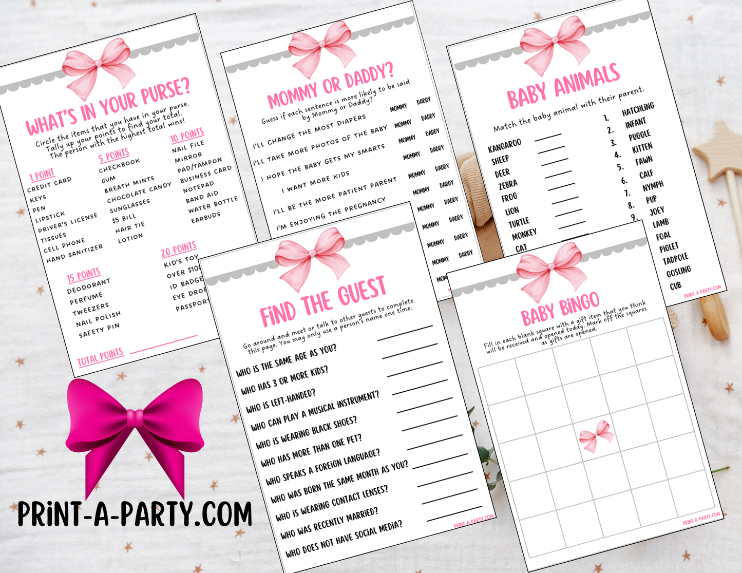 GAMES for Baby Shower | Pink Bow Coquette 3 Shower Theme | Coquette Baby Shower Games | Chic Coquette Aesthetic - Pink Bows