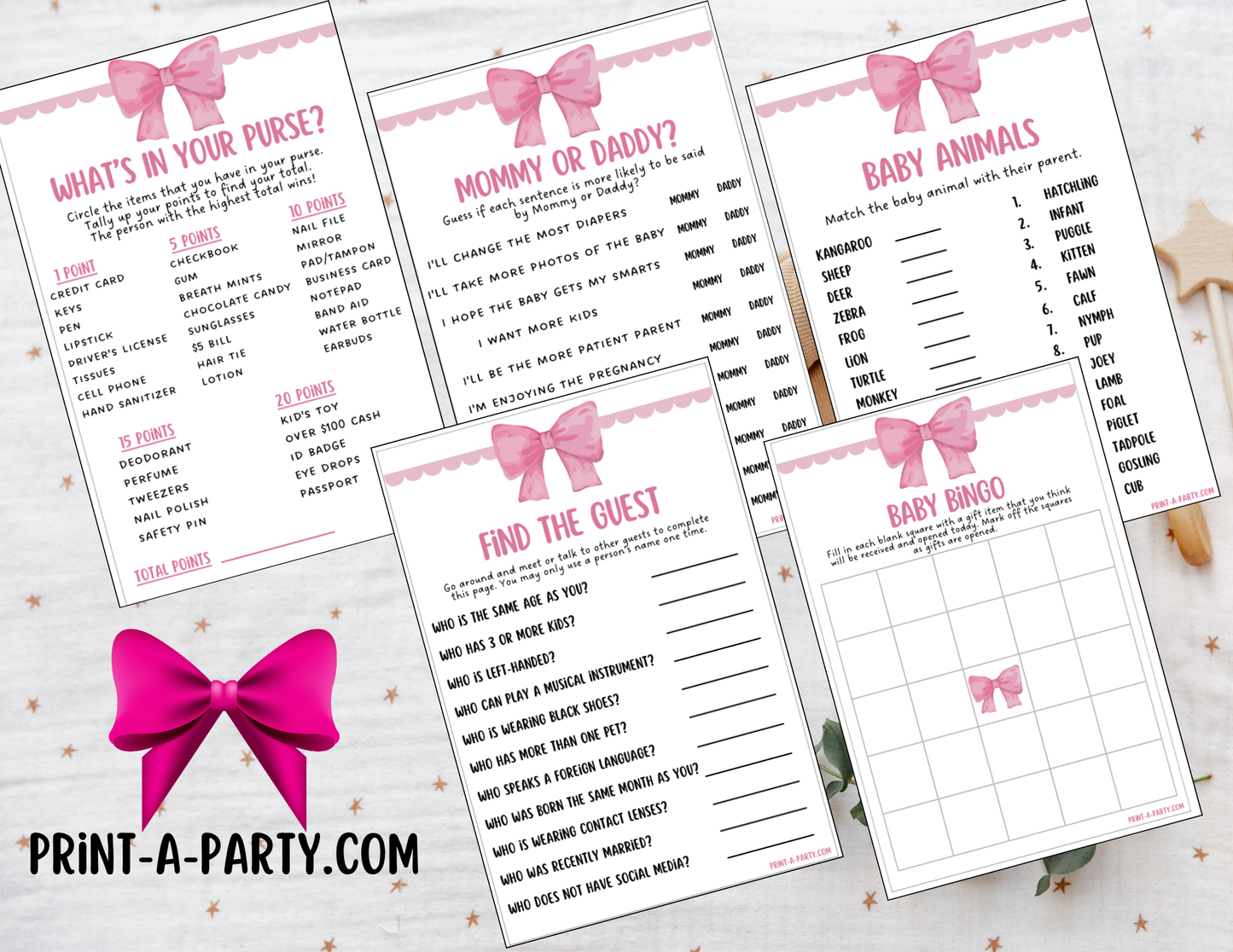 GAMES for Baby Shower | Pink Bow Coquette 1 Shower Theme | Coquette Baby Shower Games | Chic Coquette Aesthetic - Pink Bows