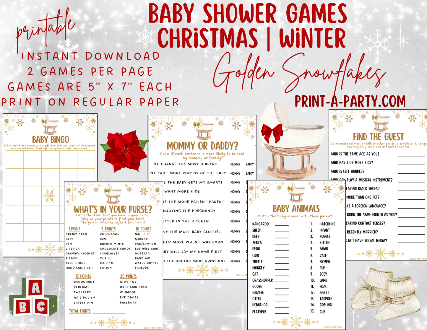 GAME BUNDLE for Christmas or Winter Baby Shower - Golden Snowflakes | Christmas Baby Shower Theme | Christmas Baby Shower Ideas | Winter Baby Shower Ideas | INSTANT DOWNLOAD