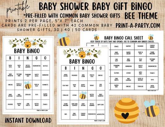 BINGO GAME BABY GIFTS - BEE THEME | Baby Gift Bingo | Pre-filled Baby Shower Gift Bingo Cards - Bee Theme | Baby Shower Gift Bingo Game - Bee | As Sweet As Can Bee | Mommy to Bee