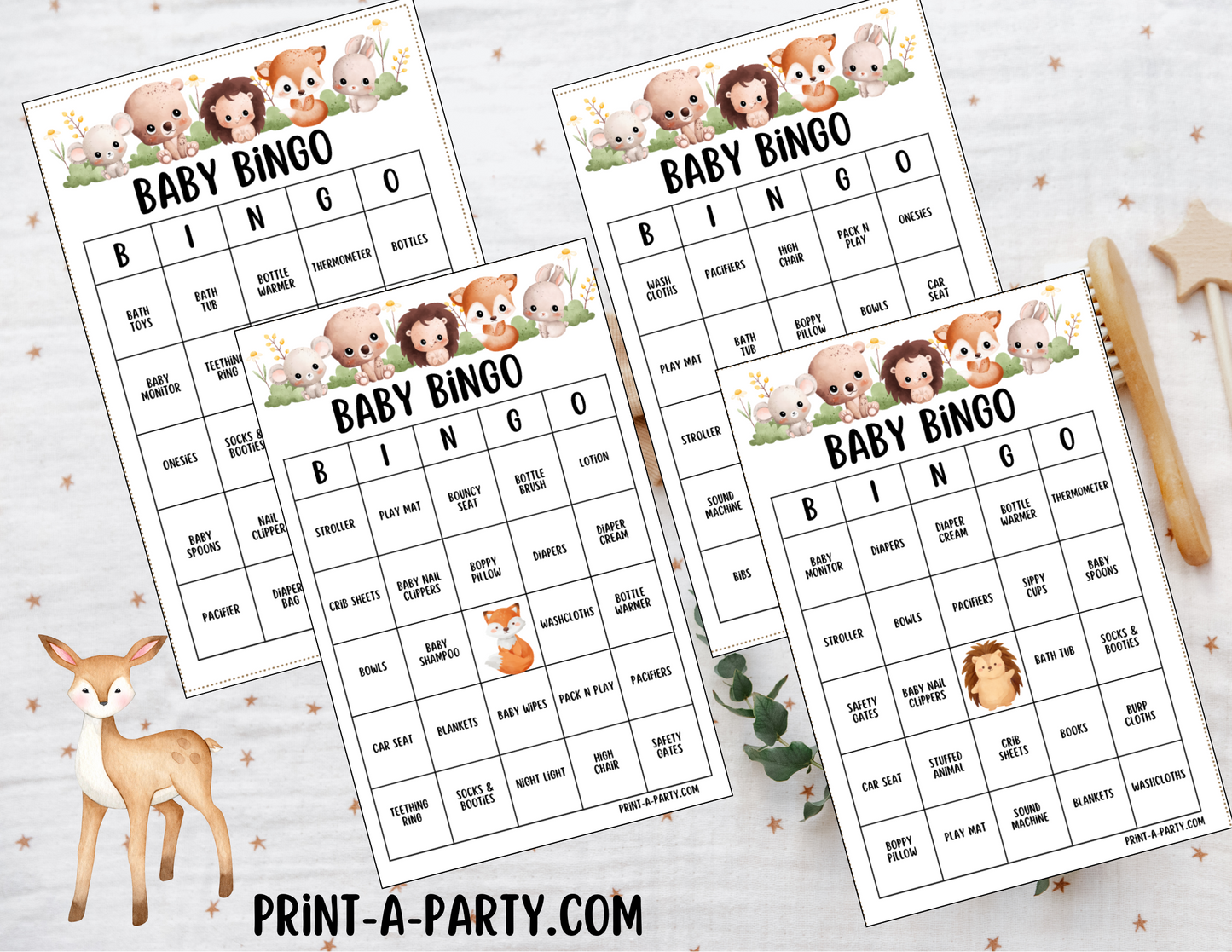 BINGO GAME BABY GIFTS - WOODLAND THEME | Baby Gift Bingo | Pre-filled Baby Shower Gift Bingo Cards - Woodland Theme | Baby Shower Gift Bingo Game - Woodland | Woodland Baby Shower