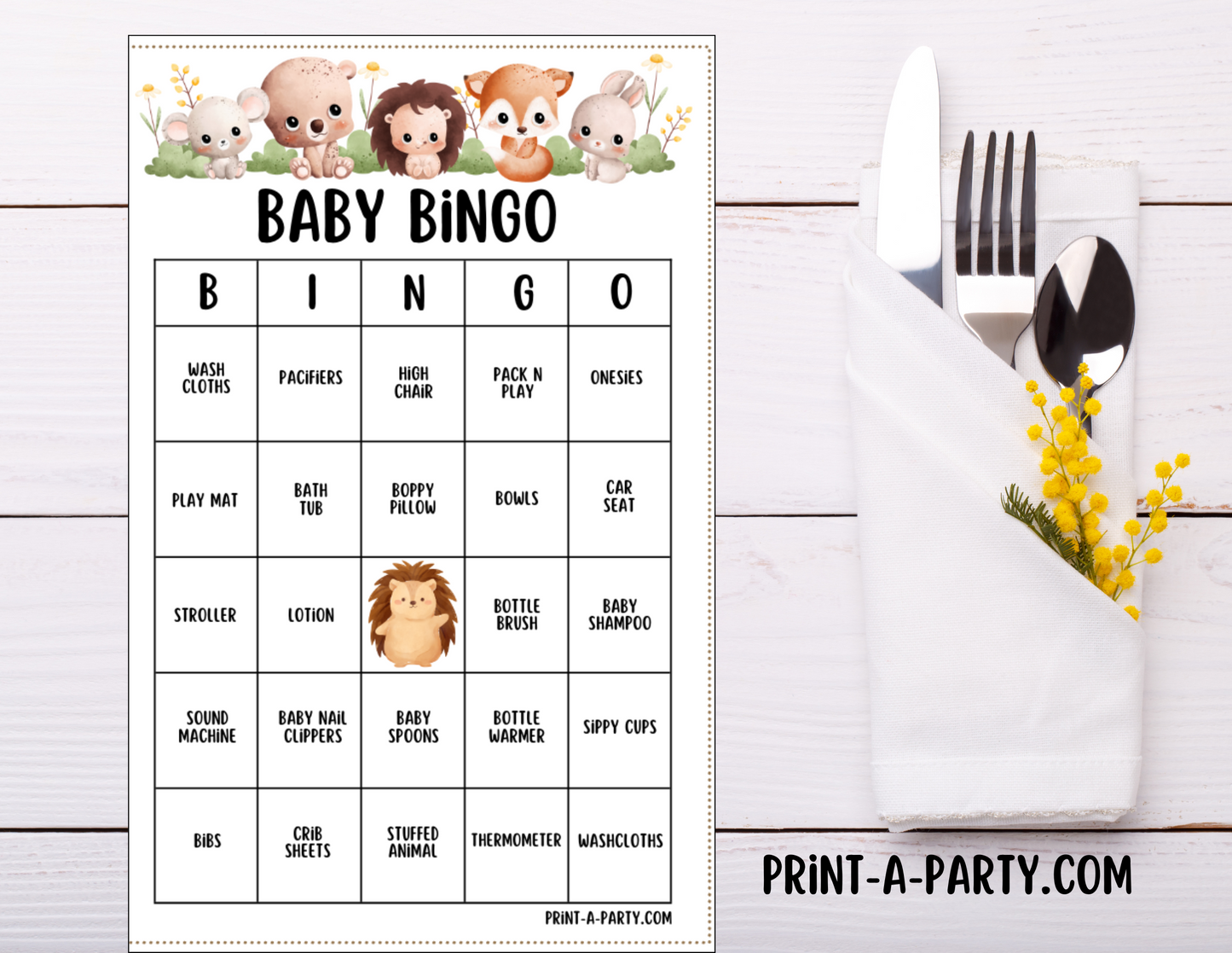 BINGO GAME BABY GIFTS - WOODLAND THEME | Baby Gift Bingo | Pre-filled Baby Shower Gift Bingo Cards - Woodland Theme | Baby Shower Gift Bingo Game - Woodland | Woodland Baby Shower