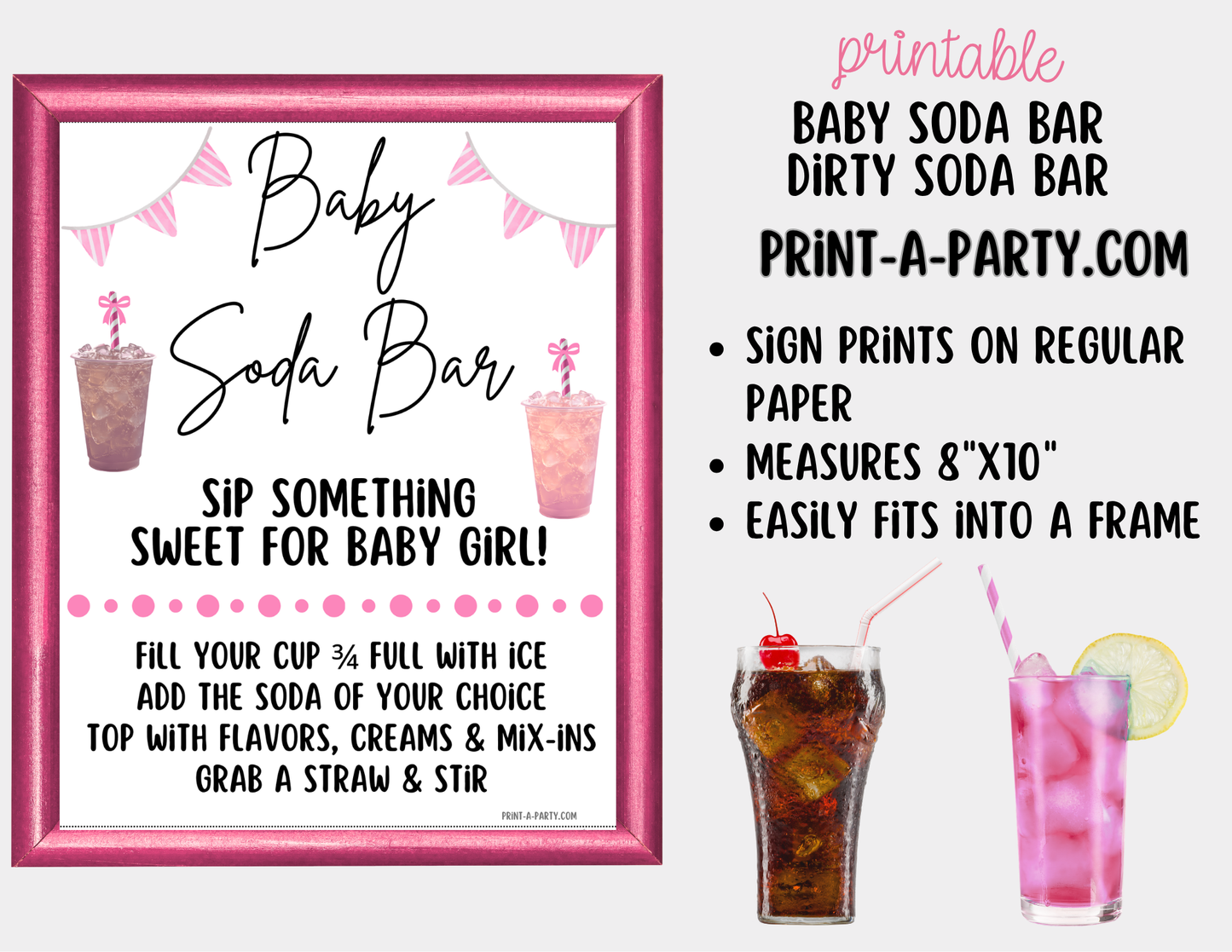 Baby Girl Soda Bar Kit - Printable Sign (8x10), Recipe Tent Cards (12 recipes!) + Shopping list for Baby Showers, Adoption parties or any baby event!