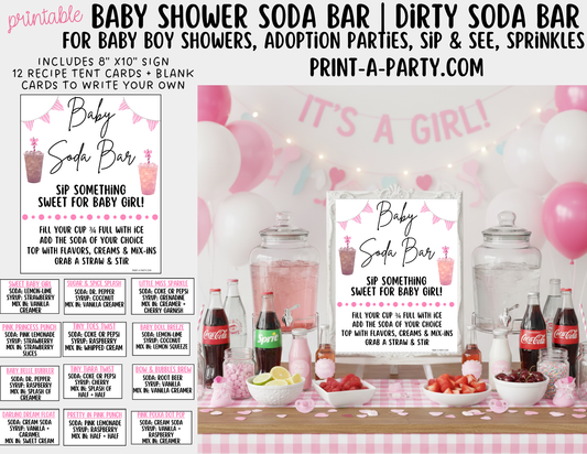 SODA BAR - Printable Baby Girl Soda Bar Kit - Sign & Recipe Tent Cards (12 recipes!) for Baby Showers, Adoption parties or any baby event!