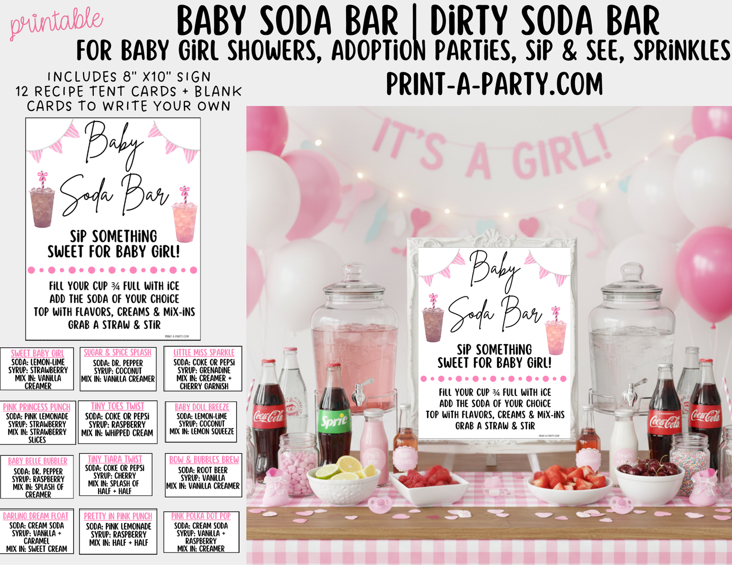 Baby Girl Soda Bar Kit - Printable Sign (8x10) & Recipe Tent Cards (12 recipes!) for Baby Showers, Adoption parties or any baby event!
