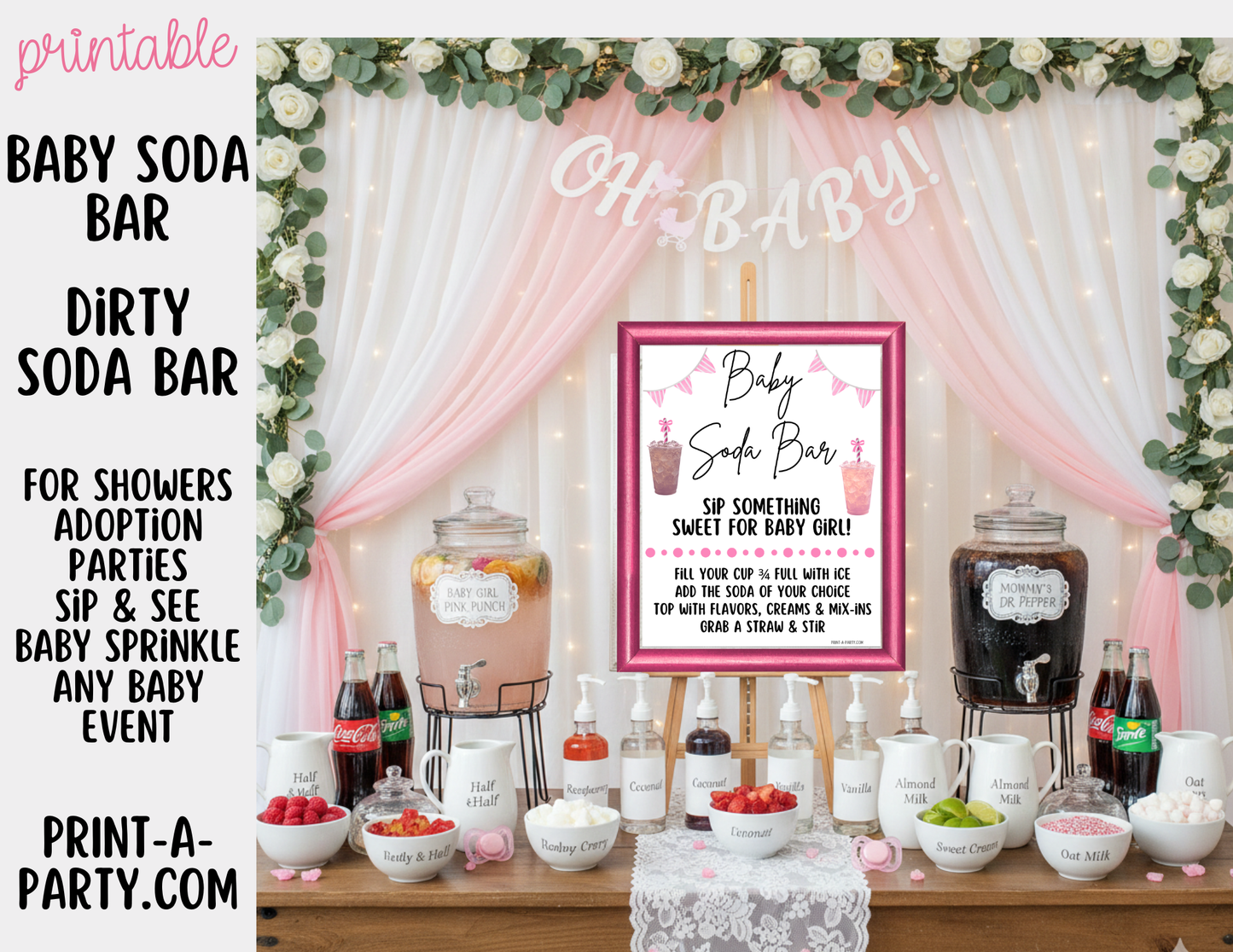 SODA BAR - Printable Baby Girl Soda Bar Kit - Sign & Recipe Tent Cards (12 recipes!) for Baby Showers, Adoption parties or any baby event!