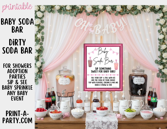 SODA BAR - Printable Baby Girl Soda Bar Kit - Sign & Recipe Tent Cards (12 recipes!) for Baby Showers, Adoption parties or any baby event!