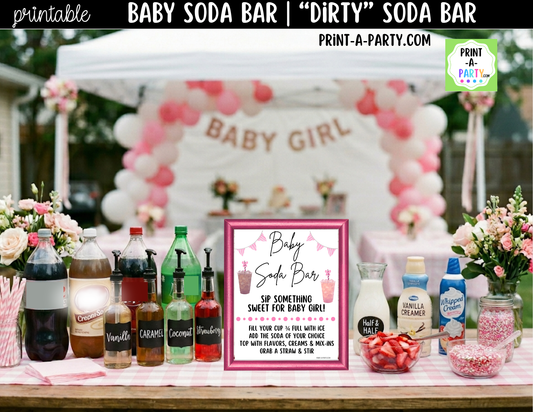 Baby Girl Soda Bar Kit - Printable Sign (8x10), Recipe Tent Cards (12 recipes!) + Shopping list for Baby Showers, Adoption parties or any baby event!