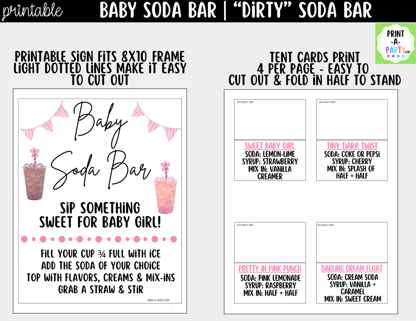 Baby Girl Soda Bar Kit - Printable Sign (8x10), Recipe Tent Cards (12 recipes!) + Shopping list for Baby Showers, Adoption parties or any baby event!