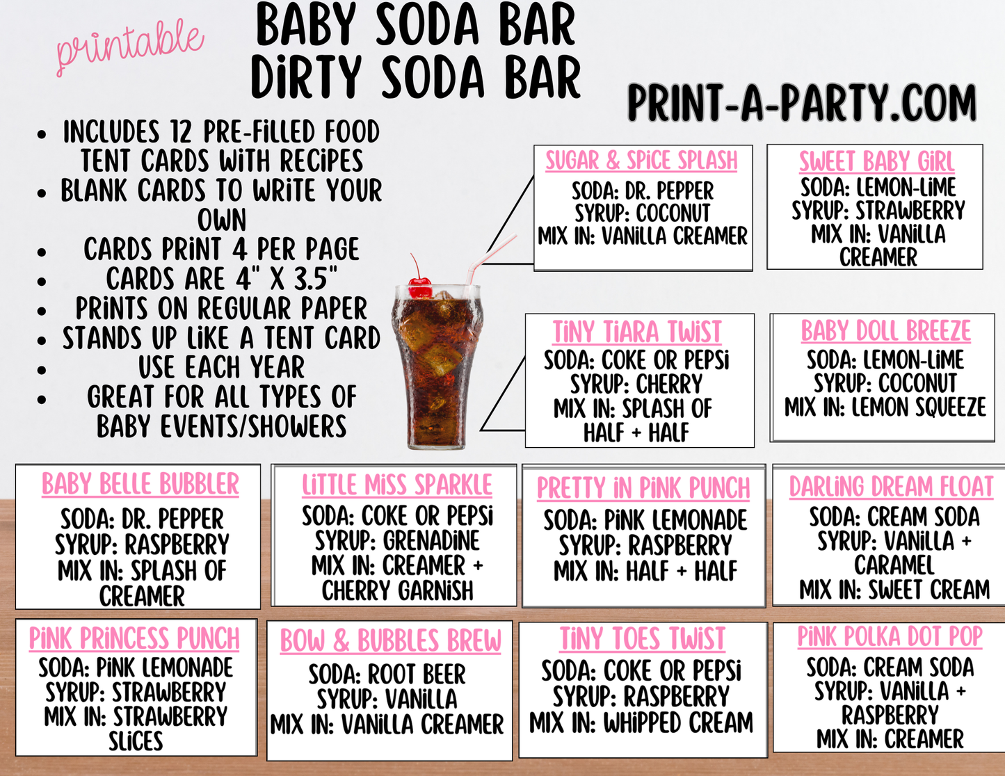 SODA BAR - Printable Baby Girl Soda Bar Kit - Sign & Recipe Tent Cards (12 recipes!) for Baby Showers, Adoption parties or any baby event!