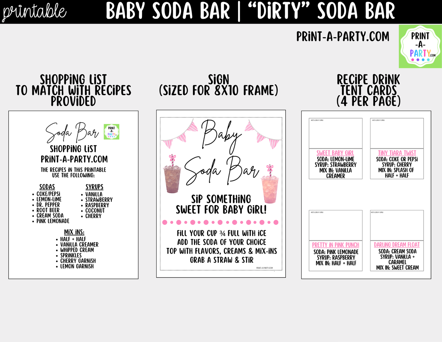 Baby Girl Soda Bar Kit - Printable Sign (8x10), Recipe Tent Cards (12 recipes!) + Shopping list for Baby Showers, Adoption parties or any baby event!