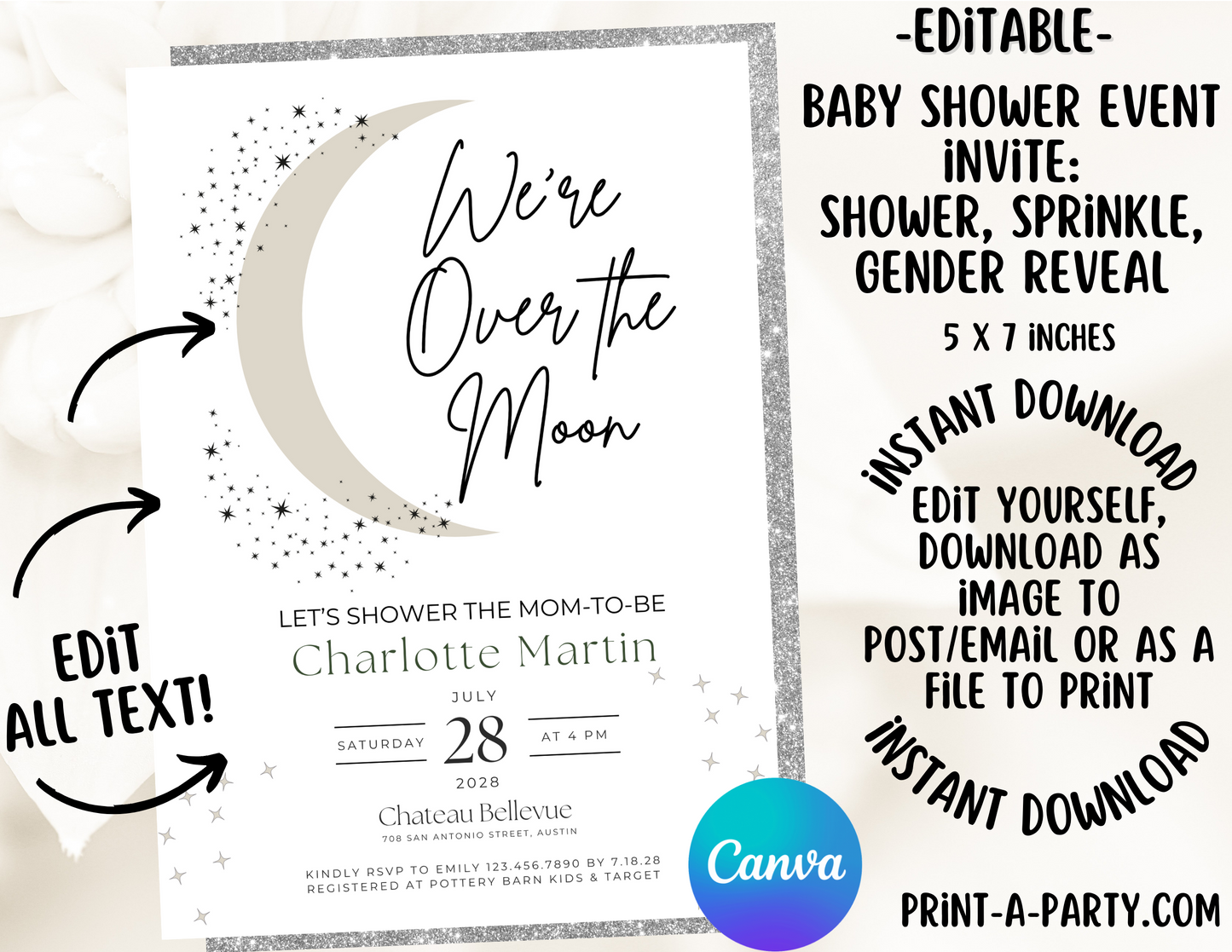 BABY SHOWER INVITE - EDITABLE PRINTABLE | Celestial Theme | Celestial Moon Stars Baby Shower Invitation Customization