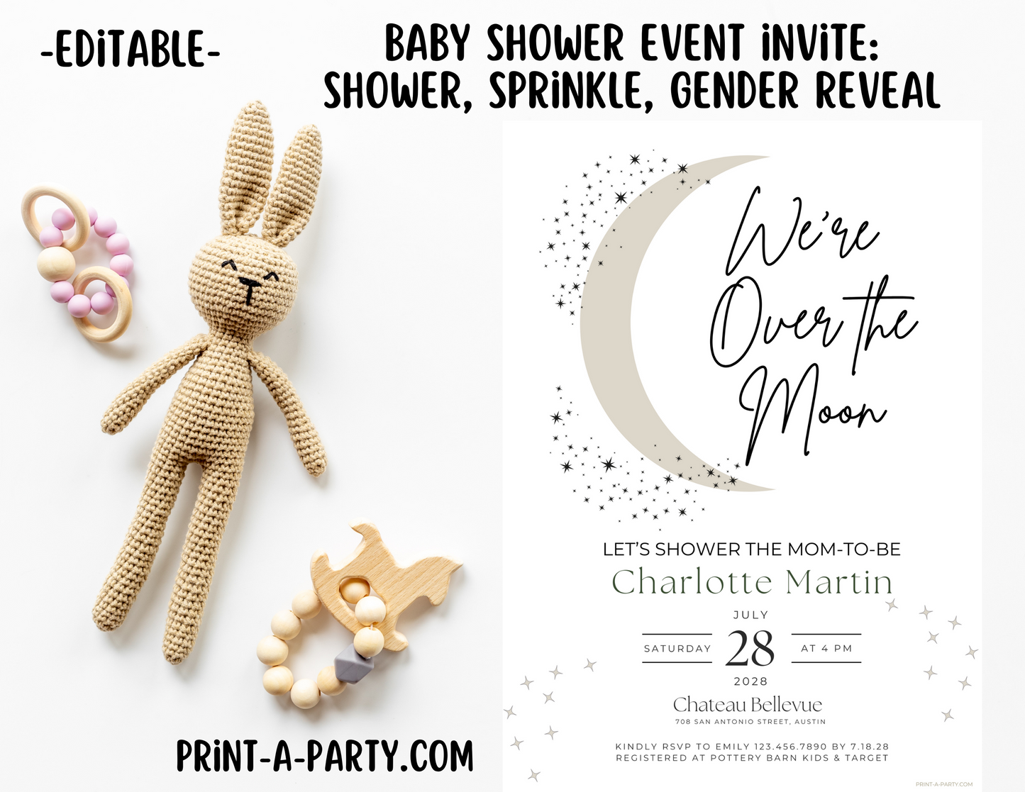 BABY SHOWER INVITE - EDITABLE PRINTABLE | Celestial Theme | Celestial Moon Stars Baby Shower Invitation Customization