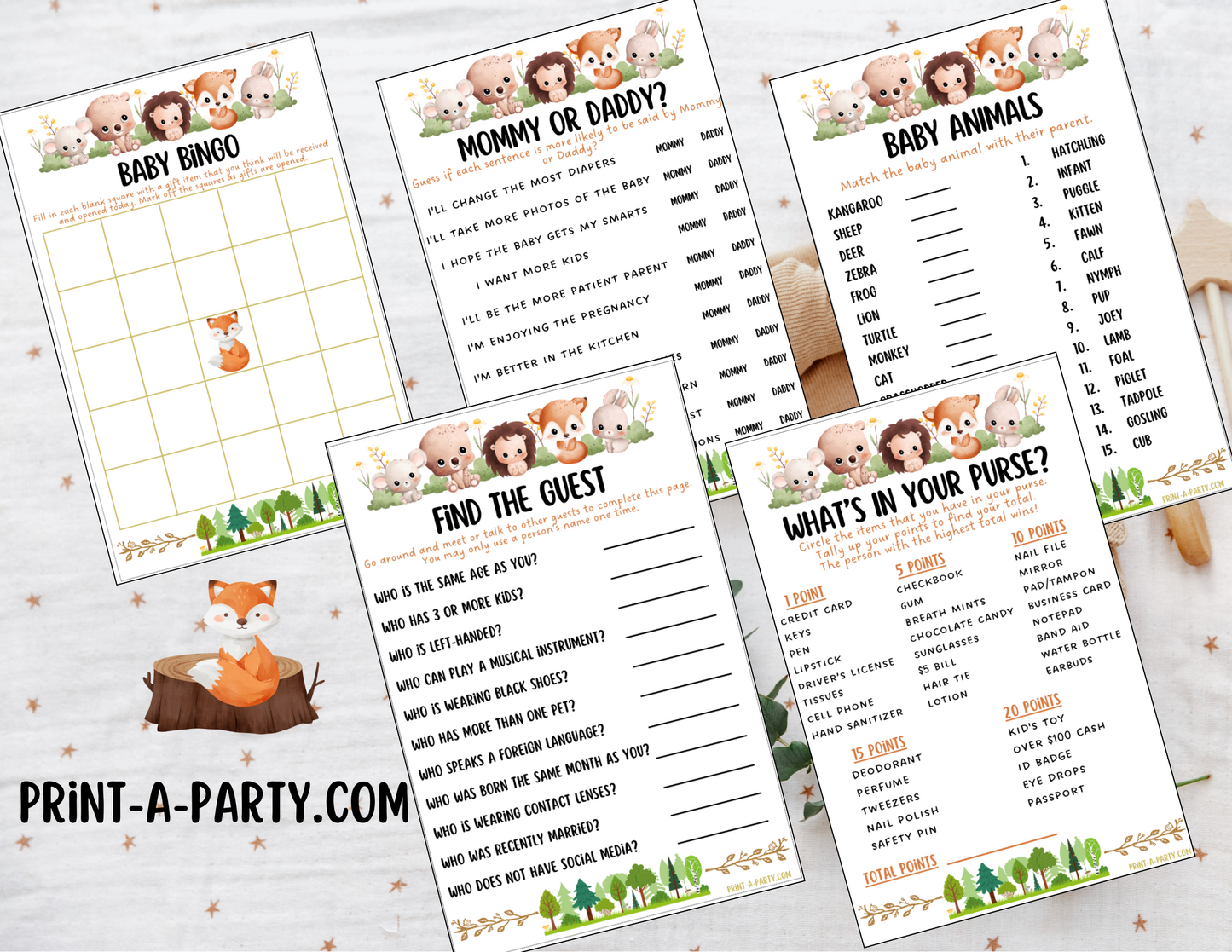 GAMES for Baby Shower | Woodland Shower Theme | Woodland Shower Games | Forest Animals | INSTANT DOWNLOAD