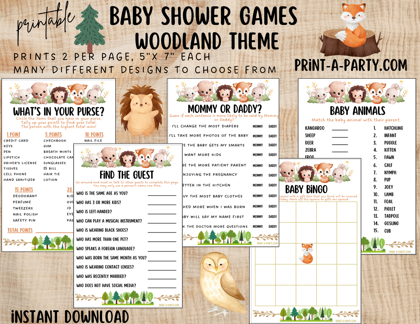 GAMES for Baby Shower | Woodland Shower Theme | Woodland Shower Games | Forest Animals | INSTANT DOWNLOAD